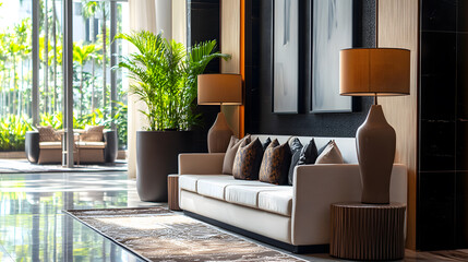 Bright living room with large windows and modern furniture.