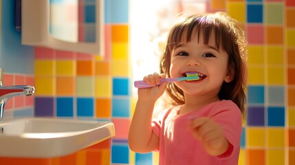 happy little girl brushing teeth in colorful bathroom