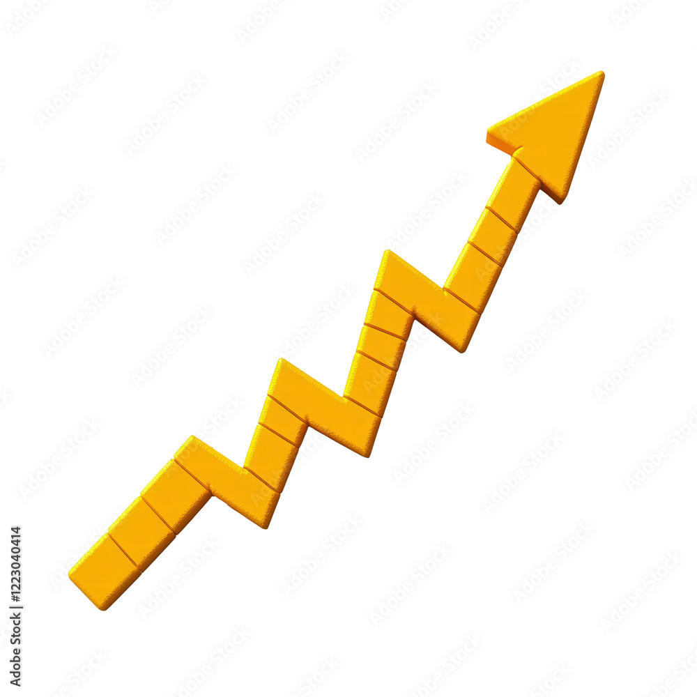 Poster yellow upward arrow graph showing rising trend isolated on transparent background
