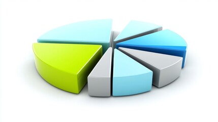 Fototapeta premium A vibrant pie chart with sections in various shades of blue, green, and gray, displayed on a bright white background for a crisp, clean financial look