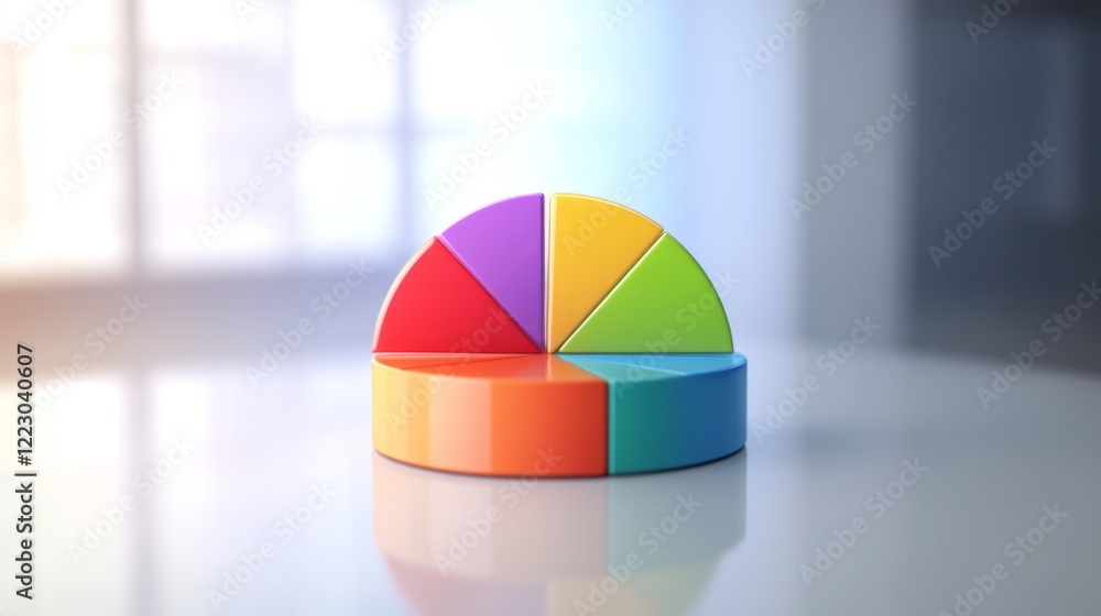 Poster a vibrant pie chart with segments in various colors, each part slightly separated, set on a reflecti