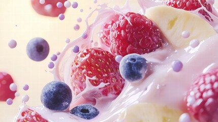 Yogurt mist with glowing fruits in a prismatic whirlpool