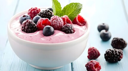 Vibrant smoothie bowl filled with an assortment of fresh berries including raspberries blackberries...