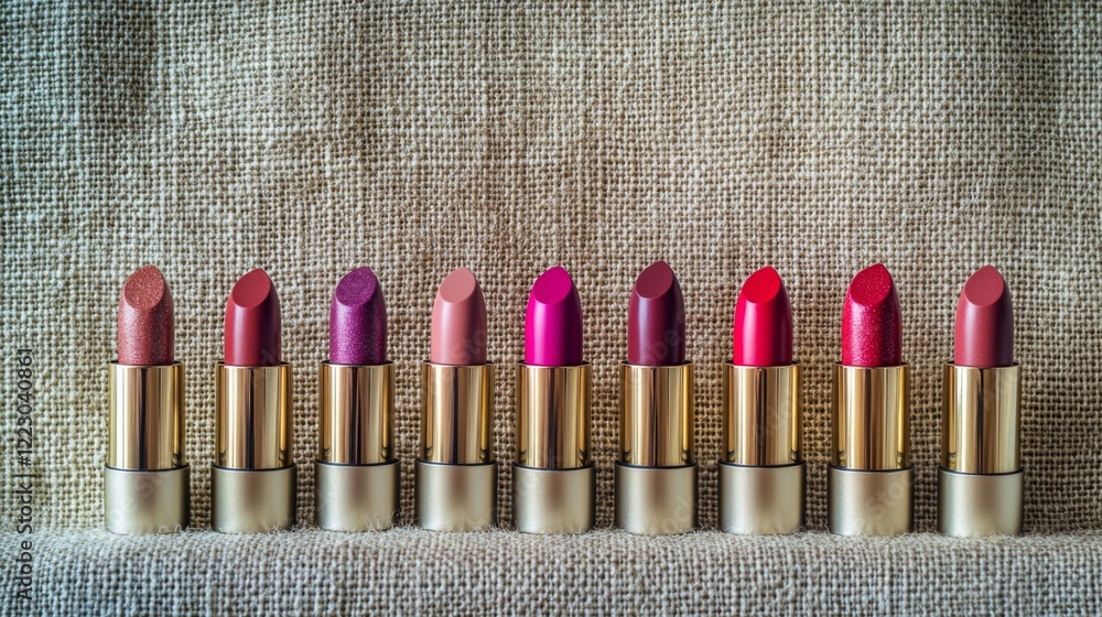 Poster a visually appealing arrangement of lipsticks in different shapes and sizes, set against a textured 