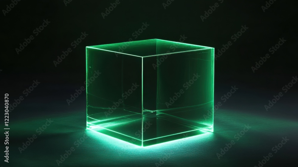 Poster glowing green transparent cube with illuminated edges on dark background