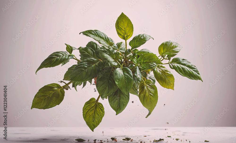 Poster plant is floating in the air, with its leaves spread out. concept of freedom and lightness, as if th