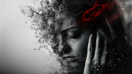 Emotional depiction of a woman dissolving into dust with a red neural burst for mental health awareness, stress, and psychological struggle themes