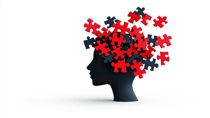 Mental Health Issues, flat illustration, A surreal image of a head filled with scattered puzzle pieces, symbolizing fragmented thoughts and high fidelity quality.