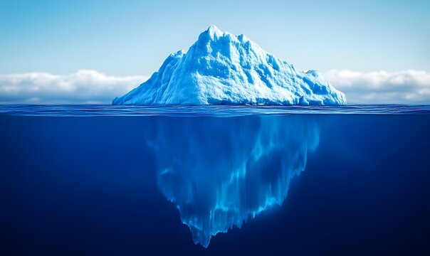 iceberg floating in a calm ocean, the golden hour sunlight illuminating the jagged ice above water, the deep blue mass extending below,shows hidden success,