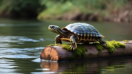 Fototapeta premium A turtle slowly walking on a beach or on a moving log.