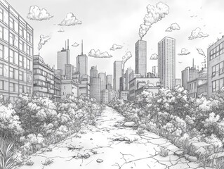 Simple Line Drawing of a Polluted Urban Area Featuring Overgrown Plants and Tall Skyscrapers Under a Cloudy Sky