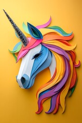 Rainbow Unicorn: A vibrant and whimsical papercraft unicorn head bursts with color and magic against a bright yellow background.