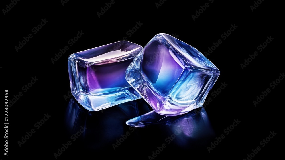 Poster Clear ice cubes with a gradient blue and purple light shining through, casting intricate shadows and reflections on a black background