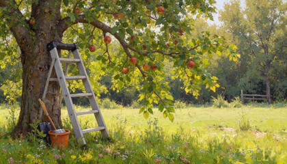 Ladder beside apple tree in sunny orchard