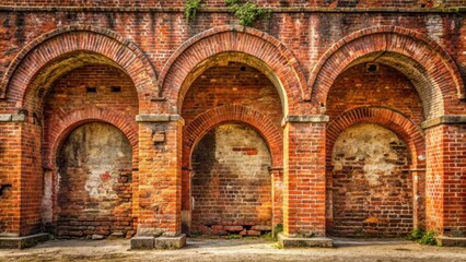 Fototapeta premium A worn and weathered wide angle view of a vintage red brick wall with old stone archways and intricate carvings surrounding it , vintage, red brick wall