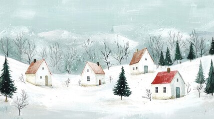 Fototapeta premium Snowy winter village with minimalist evergreen trees