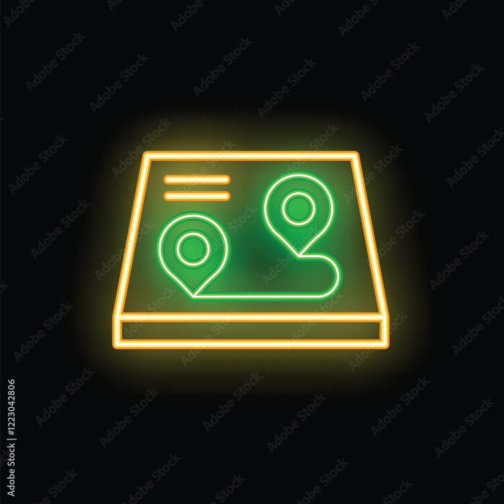 Poster glowing neon icon of a gps navigation system displaying a route on a digital map with two location p