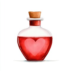 A love potion in a heart-shaped glass bottle, featuring a cork stopper and filled with a vibrant red liquid.