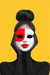 Mental Health Issues, flat illustration, A digital image featuring a person concealing their identity behind a mask, emphasizing themes of deception and anonymity in a high-fidelity rendering.
