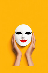 Mental Health Issues, flat illustration, A person hides behind a mask, embodying a sense of pretense and mystery, captured in a high-quality image for creative usage.
