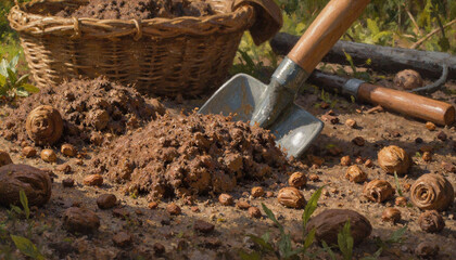 Fototapeta premium Shovel digging into soil with walnuts and basket nearby