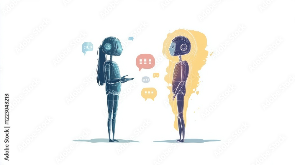 Poster two robotic figures engaging in digital communication via colorful speech bubbles