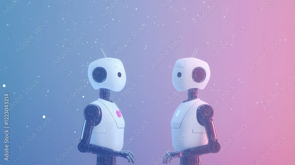 Poster futuristic interaction between two humanoid robots in a dreamy digital space