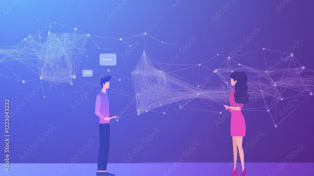 Aufkleber digital connection concept with asian male and female using mobile devices in abstract network