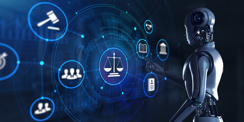 Fototapeta premium Law Lawyer jurisprudence concept. Robot pressing button on screen 3d render.