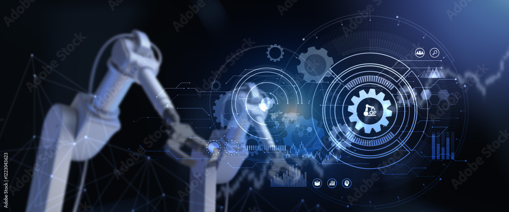 Poster robot cyborg 3d render on blurred background. innovation technology robotisation.