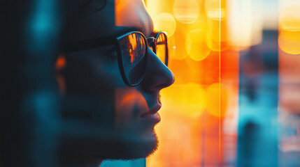 Reflective young man gazing out of a window with vibrant urban lights in the background, ideal for content on introspection, creativity, or modern lifestyle themes