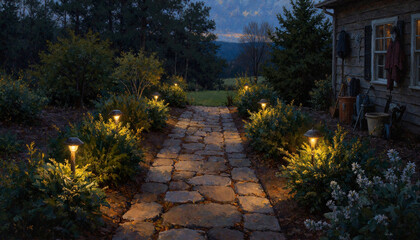 Fototapeta premium Illuminated pathway with stone pavers and lush greenery at dusk