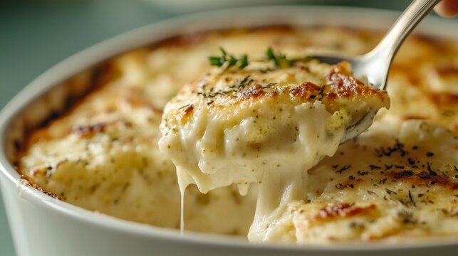 Creamy cheesy potato gratin with thyme ? delicious comfort food stock photo for culinary blogs and foodie inspiration