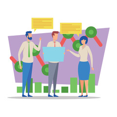 Three professionals engaged in discussion at workspace. Manager holding presentation board. Charts and graphs of performance metrics in background