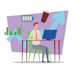 Business manager focused on performance analysis at desk, utilizing laptop. Graphs, coffee cup, and battery symbol signifying productivity and energy management