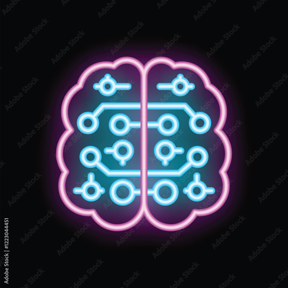Poster neon sign of a human brain with a circuit board pattern glowing on a dark background