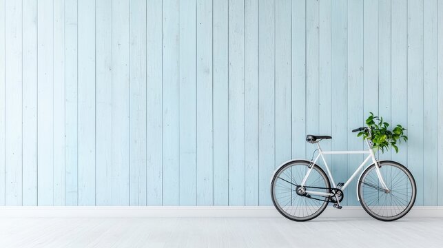 White bicycle against light blue wood wall, plant in basket, room interior, home decor