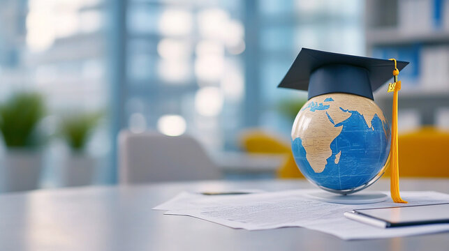 A globe wearing a graduation cap symbolizing global education and learning.