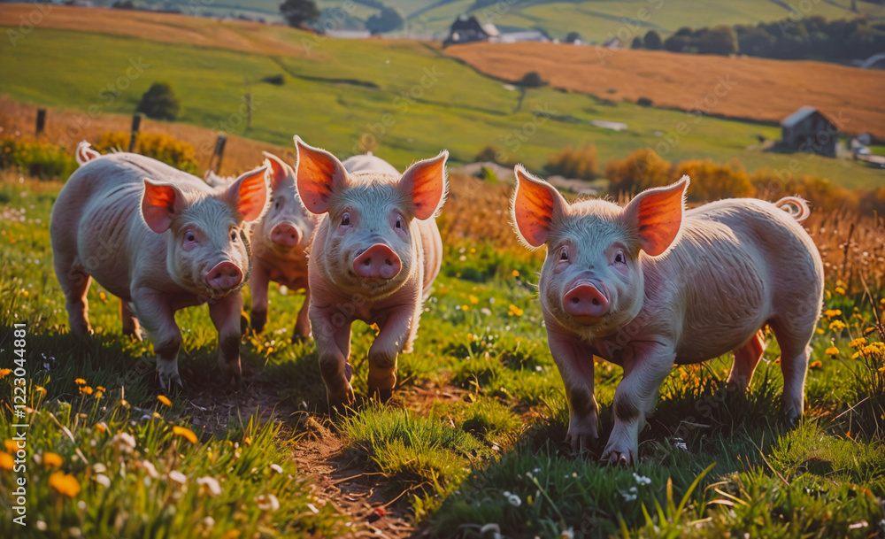 Poster Four pigs are running through a field of grass. The scene is peaceful and serene, with the pigs enjoying their time in the open field