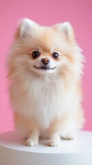 Obraz premium Proud pomeranian on white table with soft pink backdrop