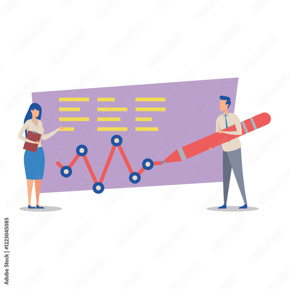 Poster in modern office setting, manager explaining data trends to employee using large chart. discussion f