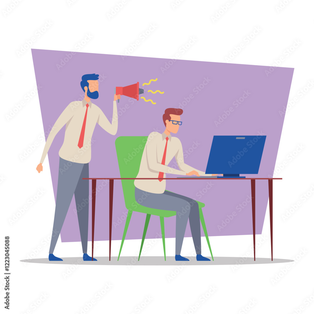 Poster business manager standing beside employee seated at desk. manager using megaphone to communicate ins