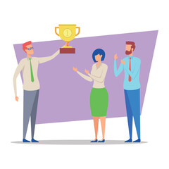 Manager proudly holding trophy for employee recognition. Two employees expressing appreciation and celebration in motivational moment