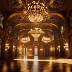 Obraz premium Grand Ballroom Interior With Ornate Chandeliers and Golden Accents