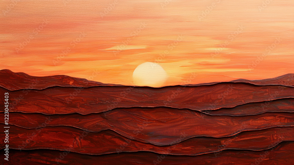 Poster representations of rust concept, sunset over abstract landscape with warm rust tones and textured la
