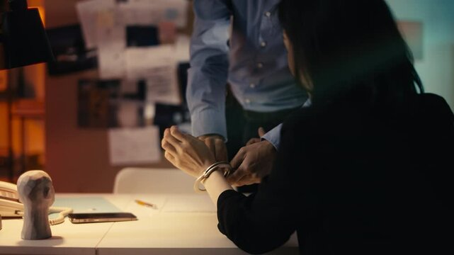 Detective uncuffs a woman, releasing her from custody after a wrongful arrest