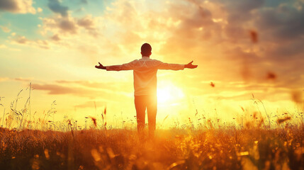 Man embracing freedom in a golden field at sunrise, perfect for personal growth and mindfulness campaigns