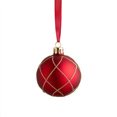 A vibrant red Christmas ornament hanging against a white background.
