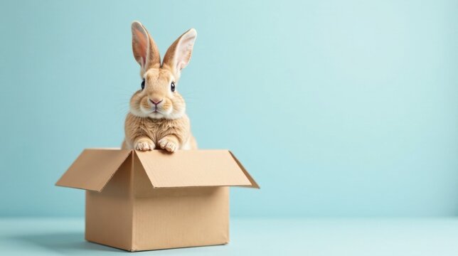 Adorable bunny rabbit sitting inside a cardboard box against a light blue background