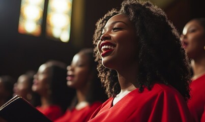 Gospel Choir Singing in Church, Members in Red Tunics, Joyful Performance, Spiritual Music, African American Singers, Community Worship, Uplifting Choral Group, Generative AI